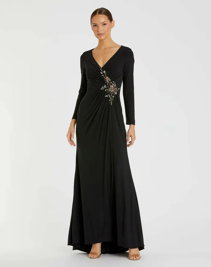 Faux Wrap Long Sleeve Gown w Appliqu Detail Black Best Sellers Mac Duggal Women