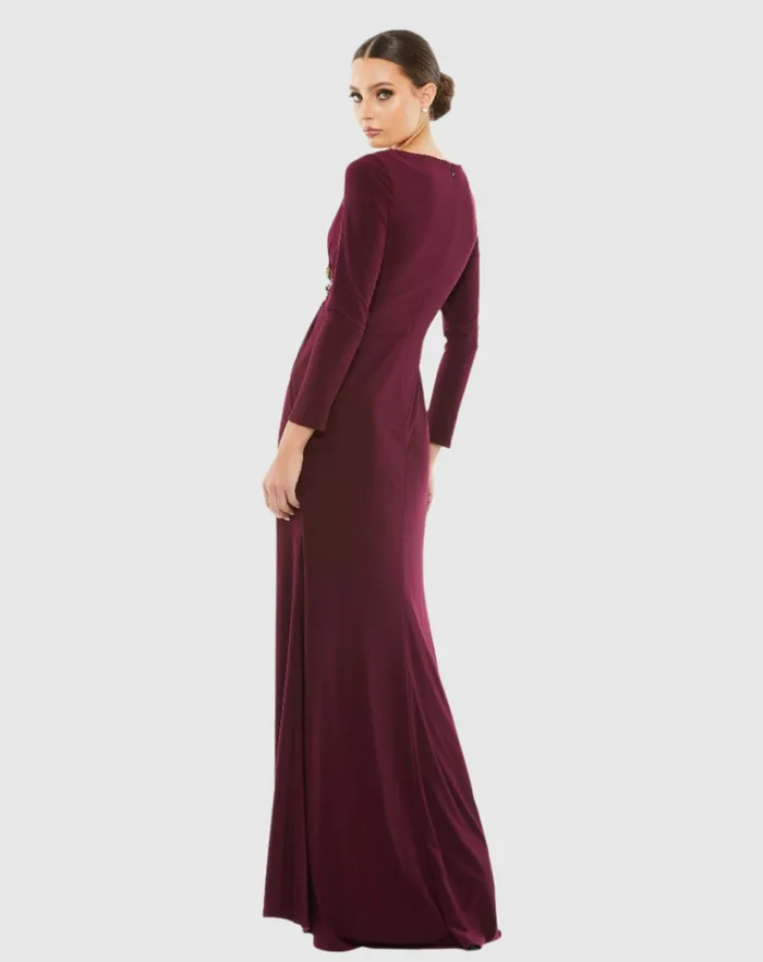Faux Wrap Long Sleeve Gown w Appliqu Detail Black Best Sellers Mac Duggal Women Faux Wrap Long Sleeve Gown w Appliqu Detail Black Best Sellers Mac Duggal Women