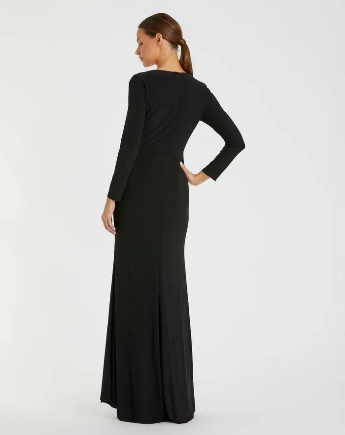 Faux Wrap Long Sleeve Gown w Appliqu Detail Black Best Sellers Mac Duggal Women Faux Wrap Long Sleeve Gown w Appliqu Detail Black Best Sellers Mac Duggal Women