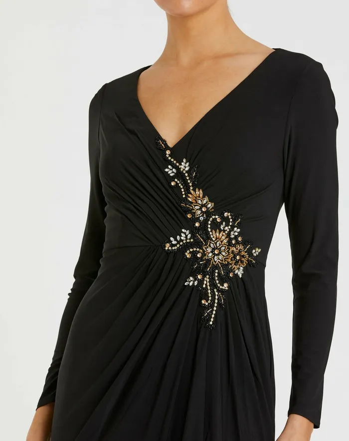 Faux Wrap Long Sleeve Gown w Appliqu Detail Black Best Sellers Mac Duggal Women Faux Wrap Long Sleeve Gown w Appliqu Detail Black Best Sellers Mac Duggal Women