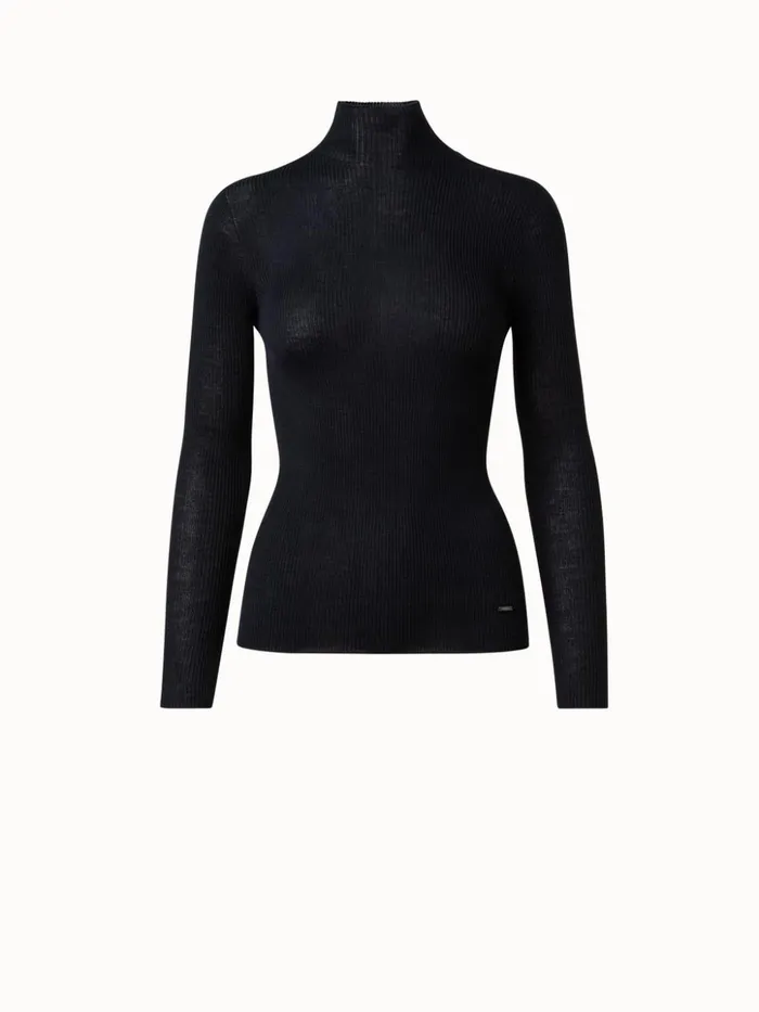 Fine Rib Pullover From Cashmere Silk With Mock Neck Black Women Akris Cashmere
