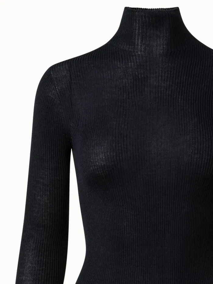 Fine Rib Pullover From Cashmere Silk With Mock Neck Black Women Akris Cashmere