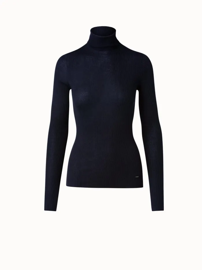 Fine Rib Pullover From Cashmere Silk With Mock Neck Dark Navy Women Akris Knitwear