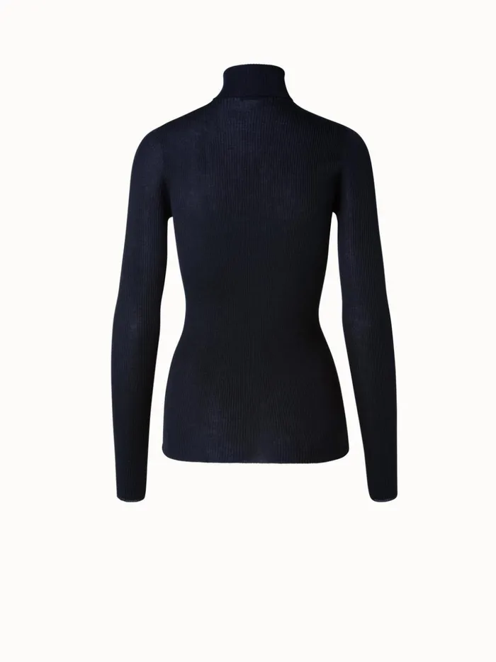 Fine Rib Pullover From Cashmere Silk With Mock Neck Dark Navy Women Akris Knitwear
