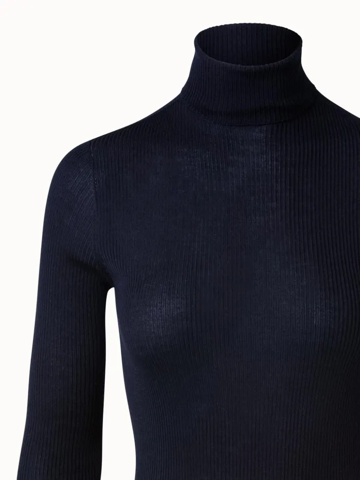 Fine Rib Pullover From Cashmere Silk With Mock Neck Dark Navy Women Akris Knitwear
