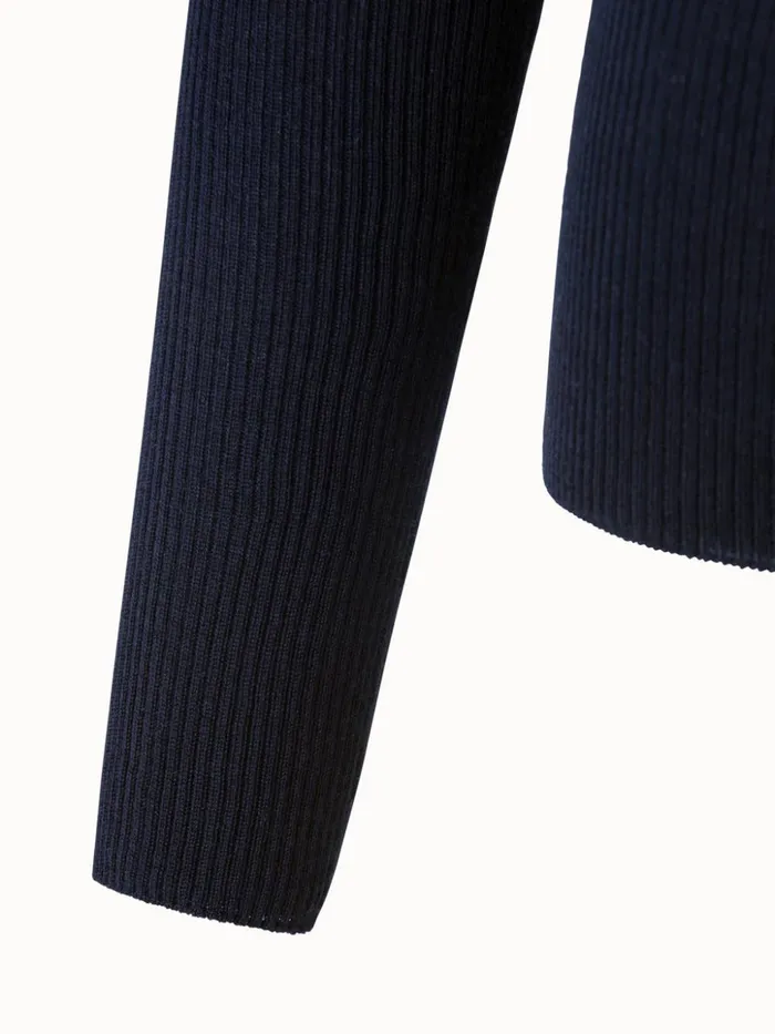 Fine Rib Pullover From Cashmere Silk With Mock Neck Dark Navy Women Akris Knitwear