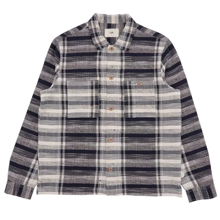 Folk Clothing Shirts Patch Overshirt 8211 Navy Basket Weave Check 8211 Mens