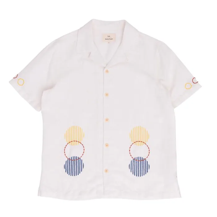 Folk Clothing Shirts SS Soft Collar Shirt 8211 Ecru Sun Embroidery DP 8211 Mens