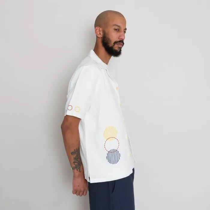 Folk Clothing Shirts SS Soft Collar Shirt 8211 Ecru Sun Embroidery DP 8211 Mens