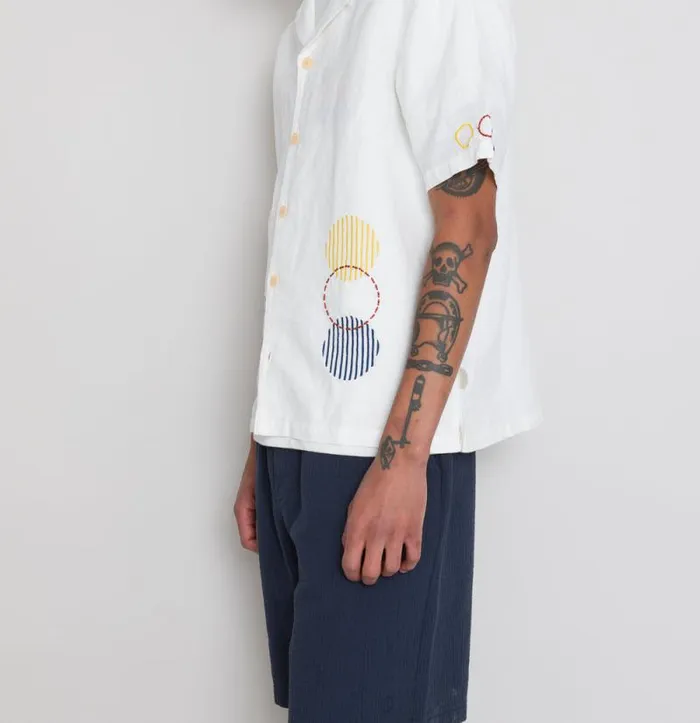Folk Clothing Shirts SS Soft Collar Shirt 8211 Ecru Sun Embroidery DP 8211 Mens