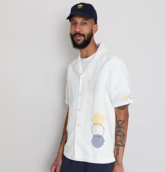 Folk Clothing Shirts SS Soft Collar Shirt 8211 Ecru Sun Embroidery DP 8211 Mens