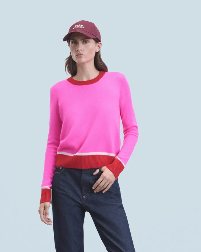 From Future Cashmere Sweaters Women Lightweight Contrast TwoTone Crewneck Sweater Utopic Pink