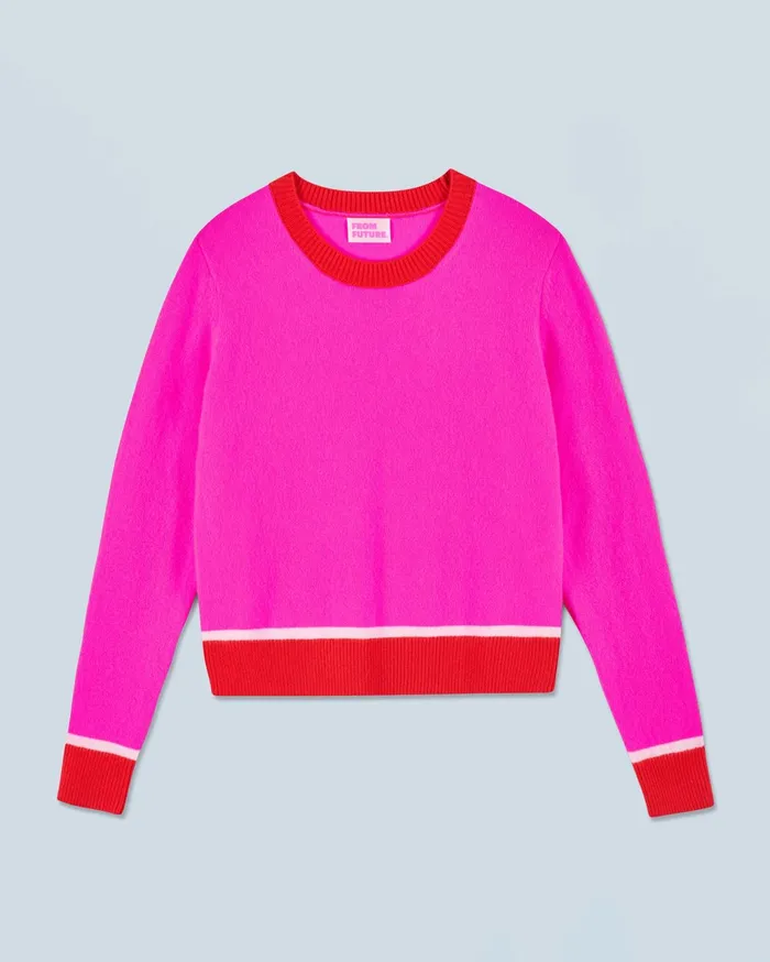 From Future Cashmere Sweaters Women Lightweight Contrast TwoTone Crewneck Sweater Utopic Pink