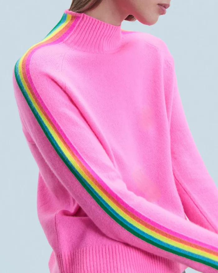 From Future Cashmere Sweaters Women Mock Neck Sweater With Multico Light Sleeve Bands Dreamy Pink