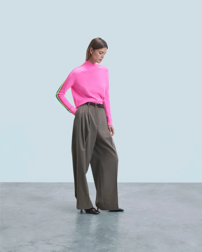 From Future Cashmere Sweaters Women Mock Neck Sweater With Multico Light Sleeve Bands Dreamy Pink