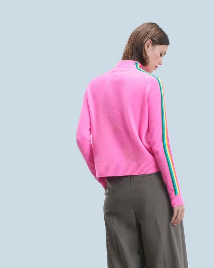 From Future Cashmere Sweaters Women Mock Neck Sweater With Multico Light Sleeve Bands Dreamy Pink