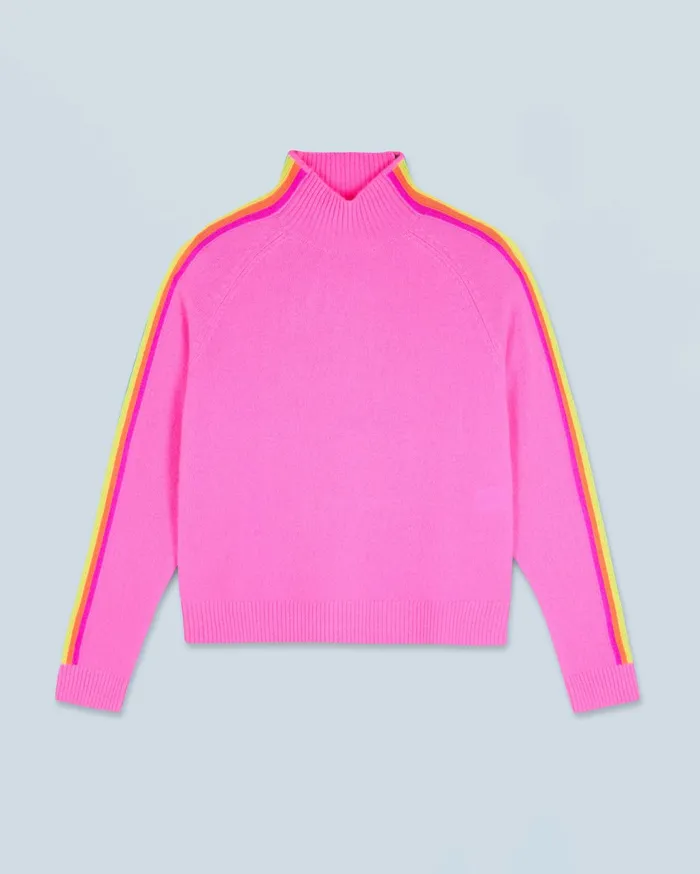 From Future Cashmere Sweaters Women Mock Neck Sweater With Multico Light Sleeve Bands Dreamy Pink