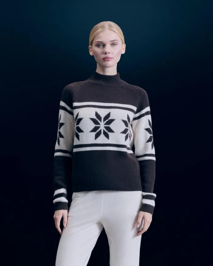 From Future Cashmere Sweaters Women Snowflake Mock Neck Sweater Chocolate