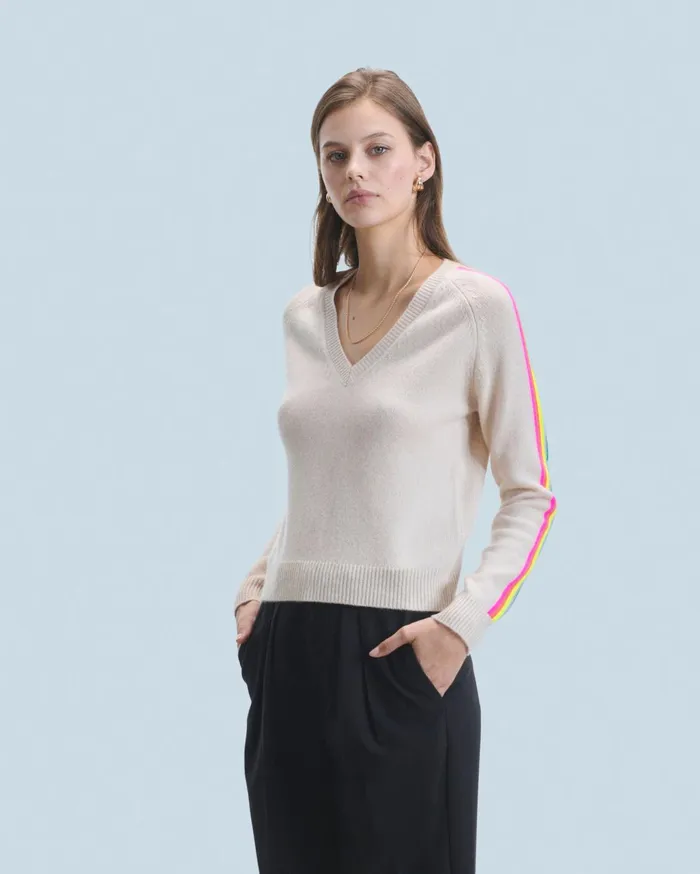 From Future Cashmere Sweaters Women VNeck Sweater With Multicolor Stripes Sand