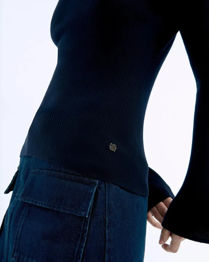 From Future Merino Wool Sweaters Women Jewel Ribbed Polo Neck Sweater Navy