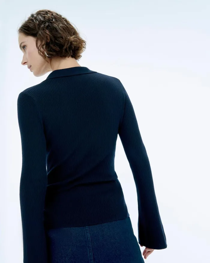 From Future Merino Wool Sweaters Women Jewel Ribbed Polo Neck Sweater Navy