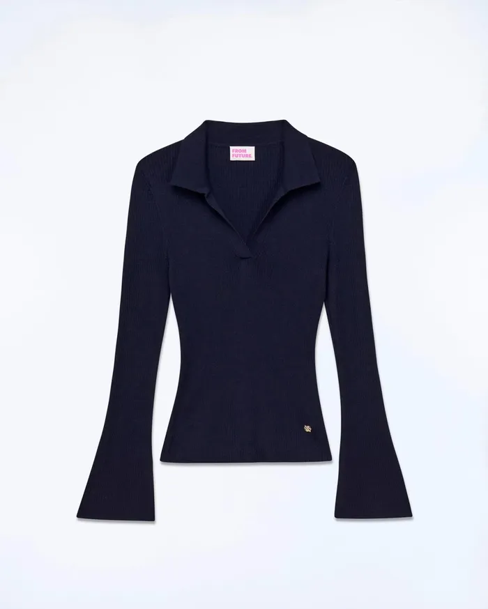 From Future Merino Wool Sweaters Women Jewel Ribbed Polo Neck Sweater Navy