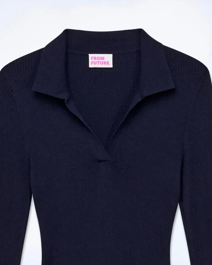 From Future Merino Wool Sweaters Women Jewel Ribbed Polo Neck Sweater Navy