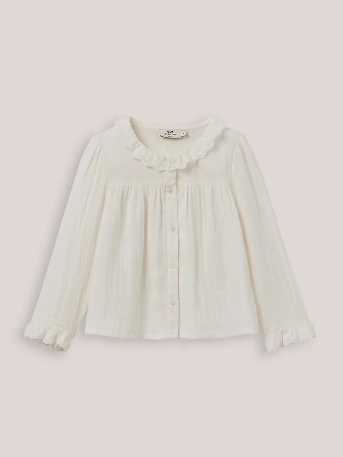 Girls Cyrillus Clothing Gauze Shirt With Lace Finish Ecru