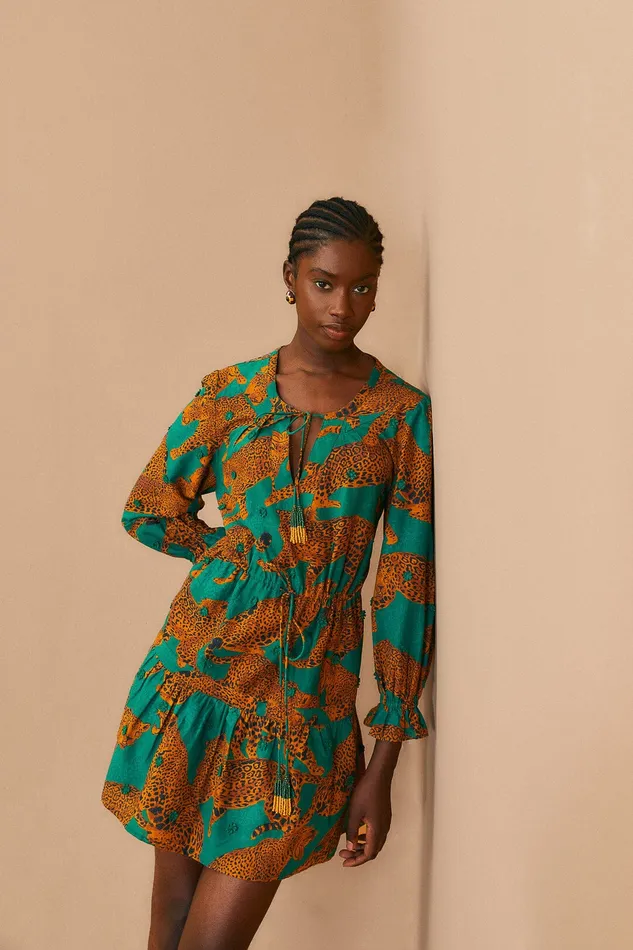 Green Artsy Leopards Long Sleeve Mini Dress Women Farm Rio Mini Dresses