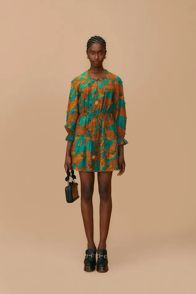 Green Artsy Leopards Long Sleeve Mini Dress Women Farm Rio Mini Dresses