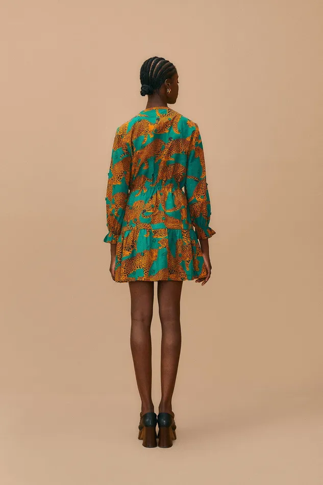 Green Artsy Leopards Long Sleeve Mini Dress Women Farm Rio Mini Dresses