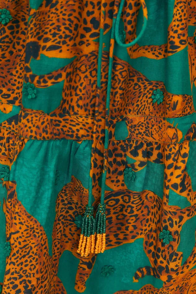 Green Artsy Leopards Long Sleeve Mini Dress Women Farm Rio Mini Dresses