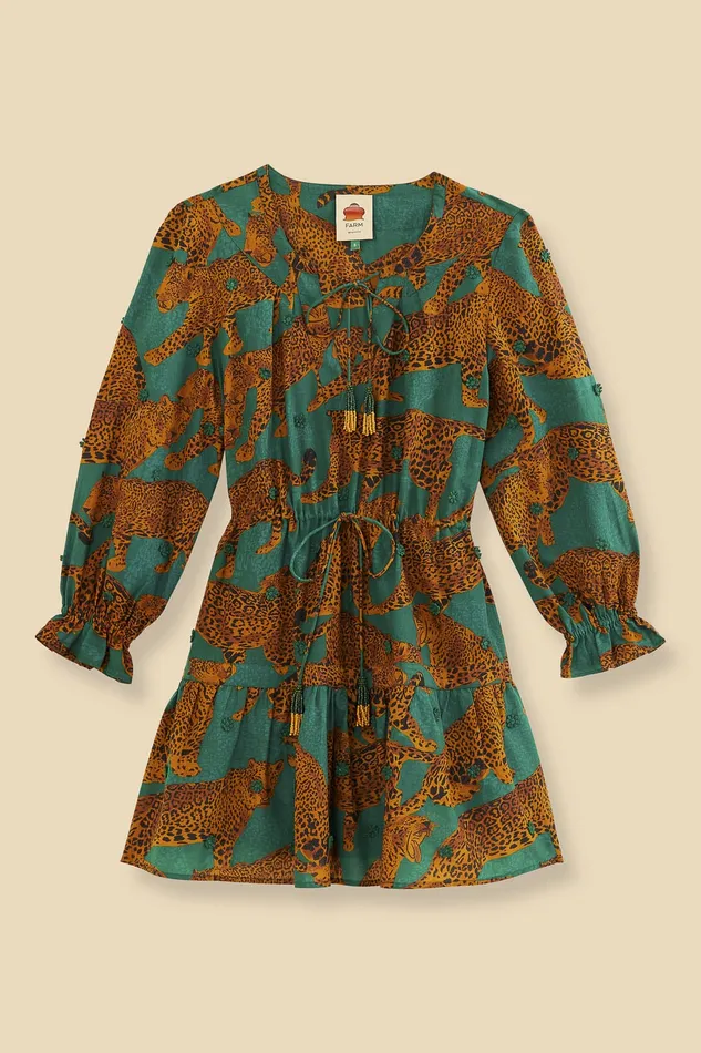 Green Artsy Leopards Long Sleeve Mini Dress Women Farm Rio Mini Dresses