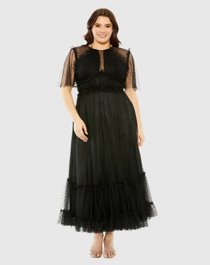 High Neck Tulle Polka Dot Detail Dress Black Plus Size Dresses Mac Duggal Women