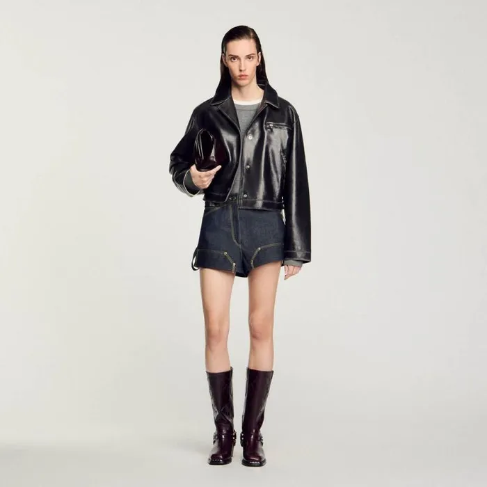 Jackets and Blazers Women SANDRO Distressed Leather Jacket Black