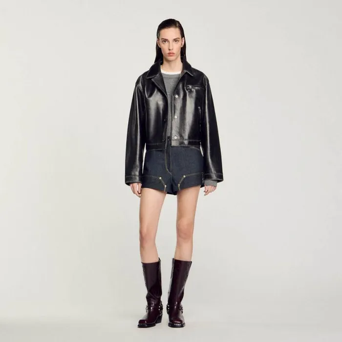 Jackets and Blazers Women SANDRO Distressed Leather Jacket Black