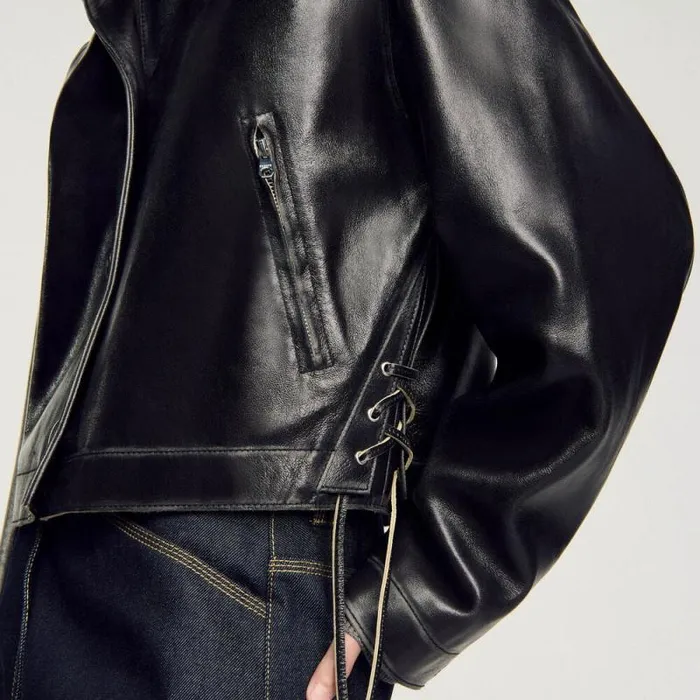 Jackets and Blazers Women SANDRO Distressed Leather Jacket Black