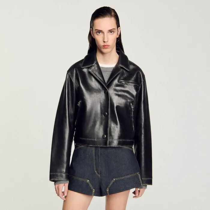 Jackets and Blazers Women SANDRO Distressed Leather Jacket Black