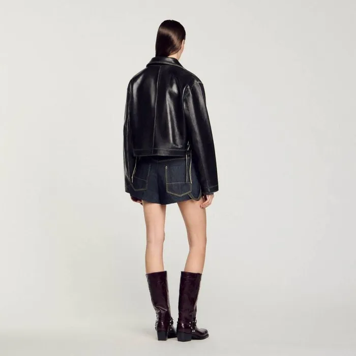 Jackets and Blazers Women SANDRO Distressed Leather Jacket Black