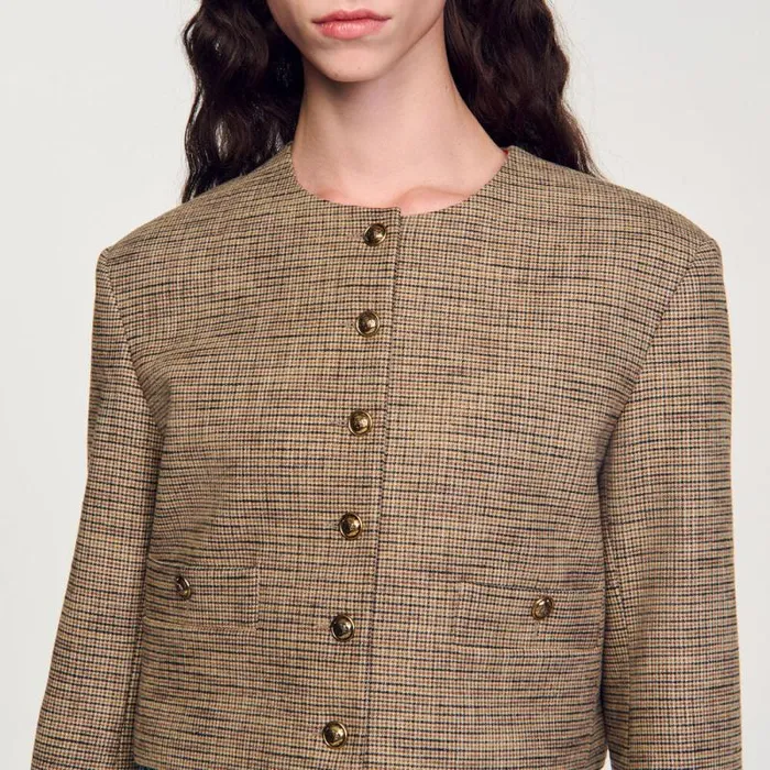 Jackets and Blazers Women SANDRO Short Micro Houndstooth Jacket Brown