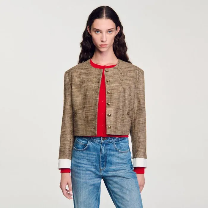 Jackets and Blazers Women SANDRO Short Micro Houndstooth Jacket Brown