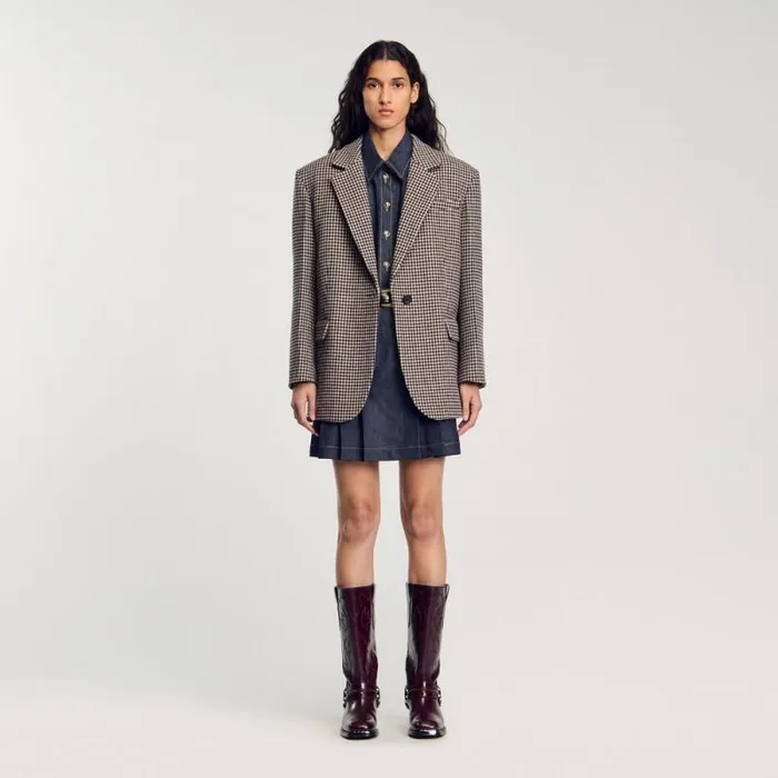 Jackets and Blazers Women SANDRO Smallcheck Suit Jacket Navy Brown