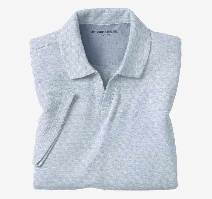 Johnston and Murphy Polos and Tees Men Basketweave VNeck Polo Light Blue