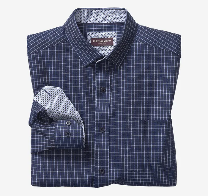 Johnston and Murphy Premium Cotton Shirts Navy Twill Windowpane Men Apparel