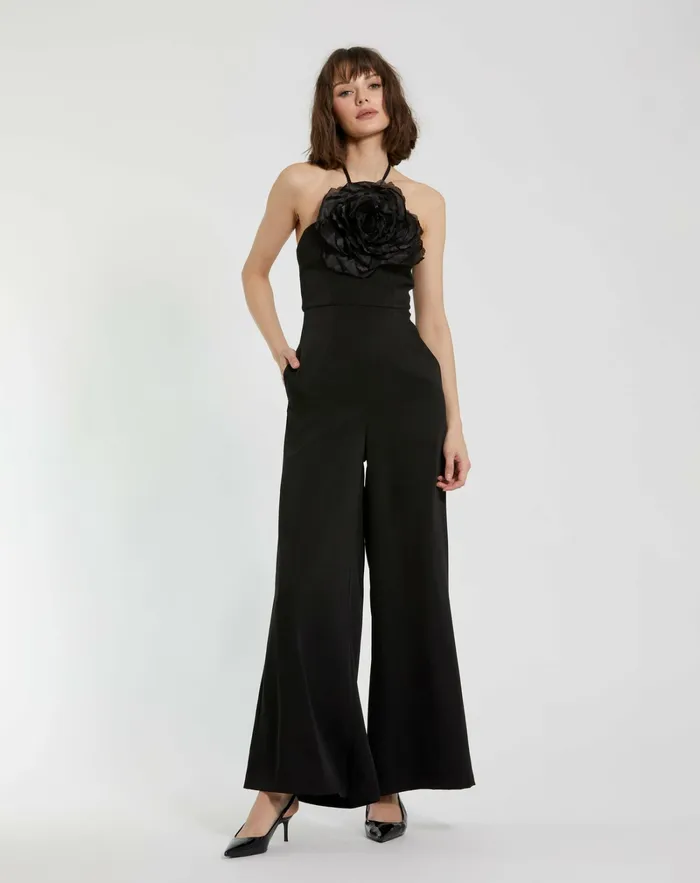 Jumpsuits and Rompers Crepe Halter Neck Jumpsuit With Flower Black Mac Duggal Women