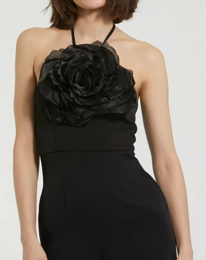 Jumpsuits and Rompers Crepe Halter Neck Jumpsuit With Flower Black Mac Duggal Women