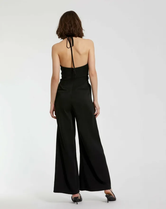 Jumpsuits and Rompers Crepe Halter Neck Jumpsuit With Flower Black Mac Duggal Women