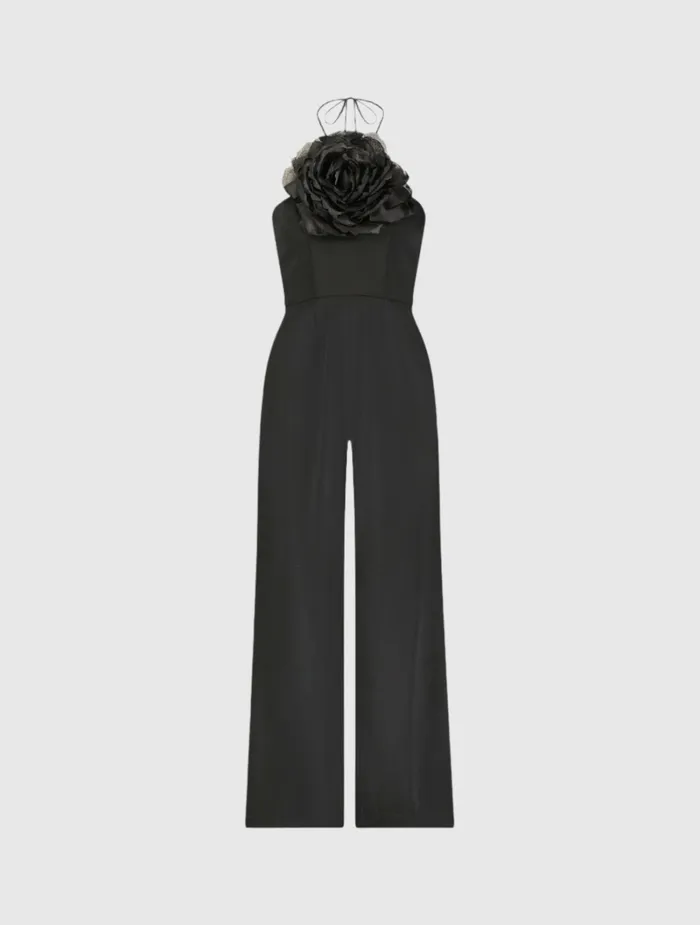 Jumpsuits and Rompers Crepe Halter Neck Jumpsuit With Flower Black Mac Duggal Women