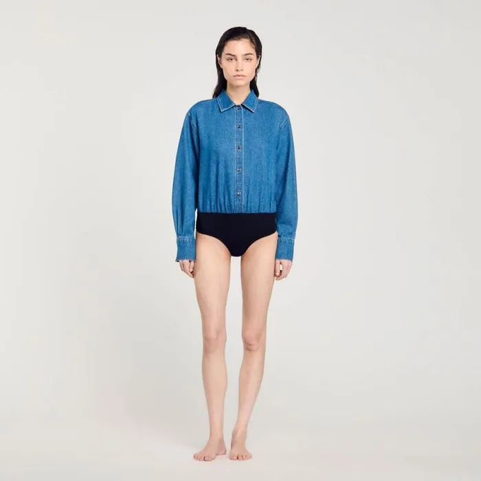 Jumpsuits Women SANDRO Denim Shirt Bodysuit Blue Jean