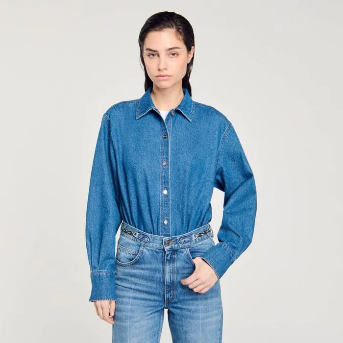 Jumpsuits Women SANDRO Denim Shirt Bodysuit Blue Jean